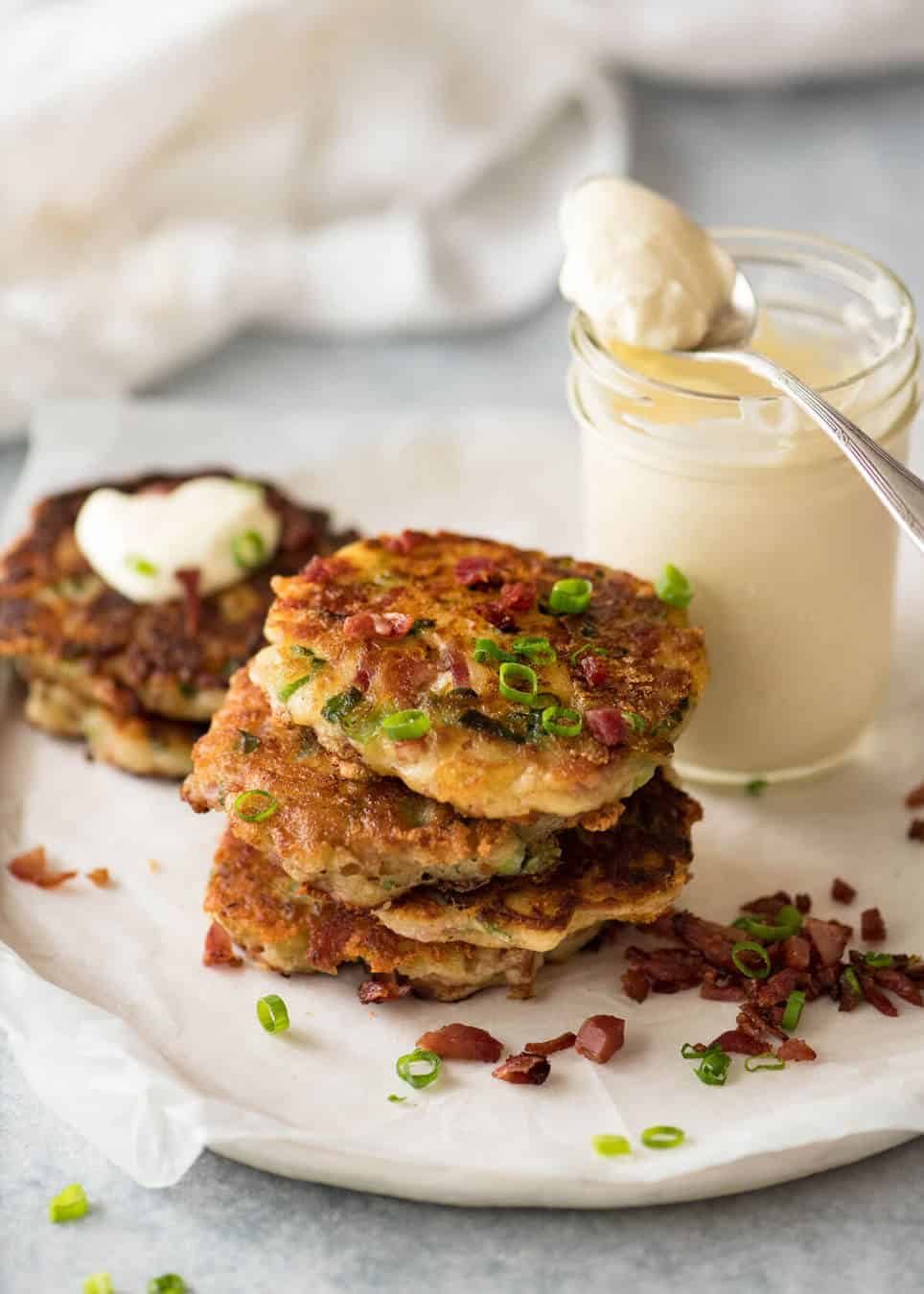 Cheese and Ham Pancakes - golden crispy cheesy outsides, fluffy insides with pops of ham (or bacon). These are epic! staging.recipetineats.com
