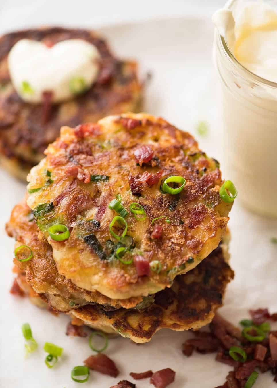 Cheese and Ham Pancakes - golden crispy cheesy outsides, fluffy insides with pops of ham (or bacon). These are epic! staging.recipetineats.com