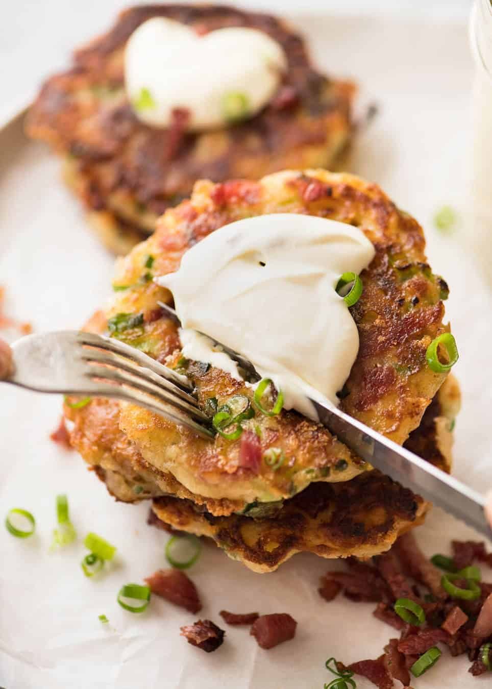 Cheese and Ham Pancakes - golden crispy cheesy outsides, fluffy insides with pops of ham (or bacon). These are epic! staging.recipetineats.com