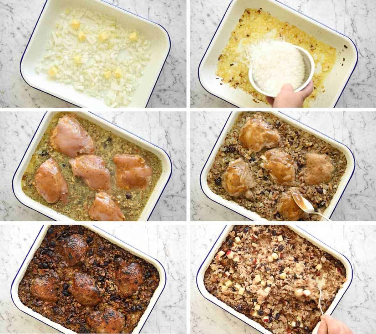 A flavour loaded one-pan, quick midweek dinner - Baked Chicken and Rice Pilaf with Cranberries, Walnuts and Apple. The smell when this is cooking is amazing! staging.recipetineats.com