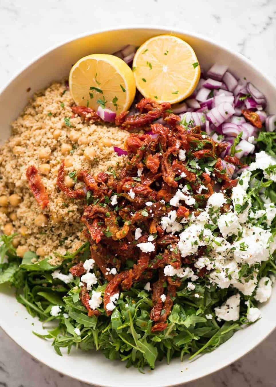 The best 12 minute salad in the world: Couscous Salad with Sun Dried Tomatoes and Feta staging.recipetineats.com