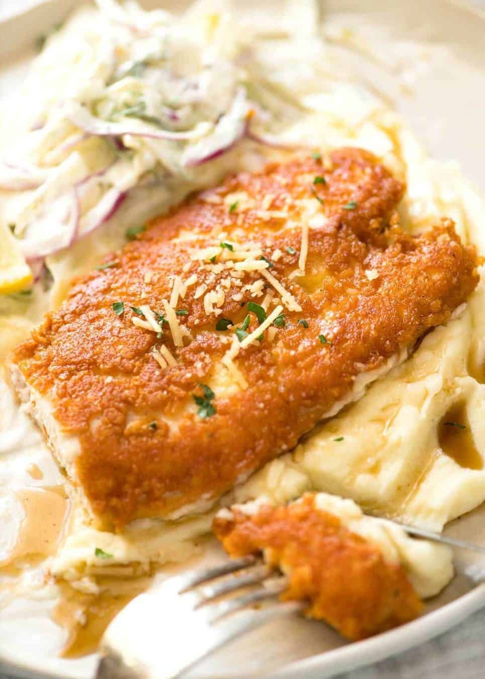 Ultra Crispy Parmesan Crusted Chicken Breast with silky Cauliflower Mash with Browned Butter.