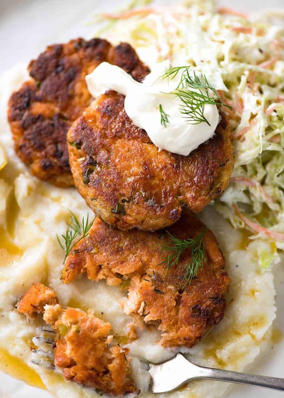 Tender insides studded with flakes of salmon, golden on the outside, these Salmon Patties are baked, not fried. Ultimate transformation of canned salmon - or use fresh! staging.recipetineats.com