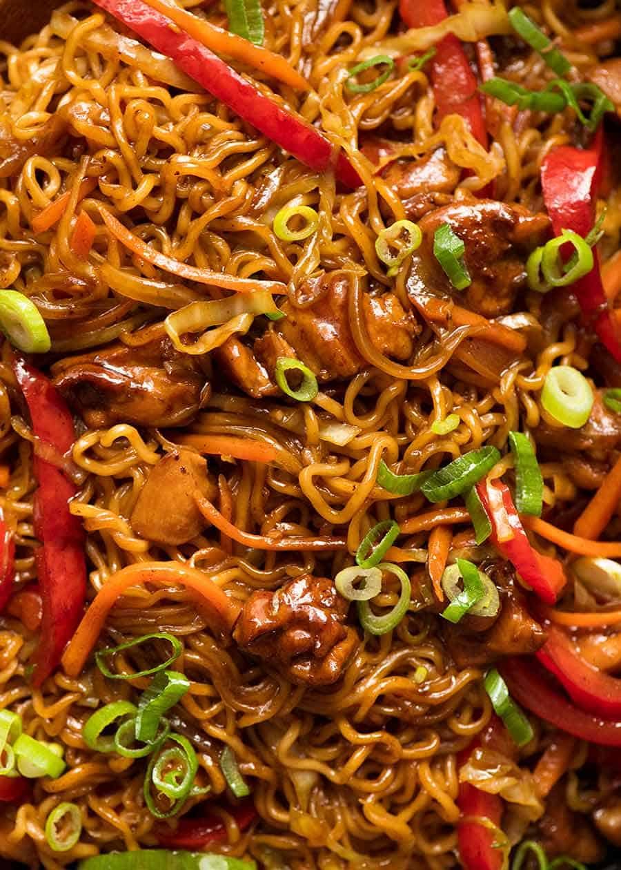 Close up of Chicken Vegetable Ramen Noodles with capsicum / bell peppers, carrots, cabbage and chicken.