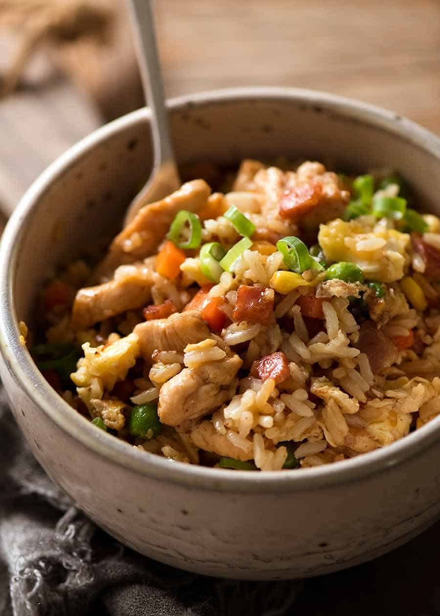 Chicken Fried Rice in a white bowl, ready to be eaten