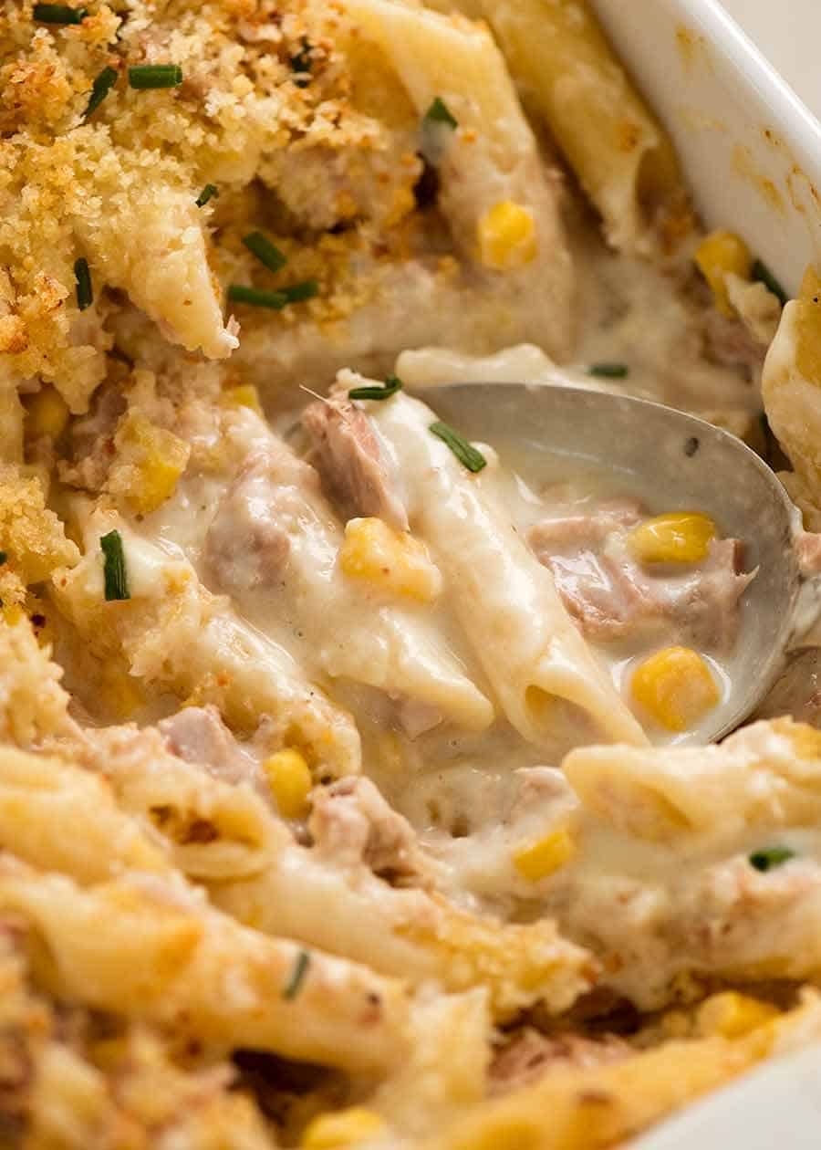 Close up of Tuna Mornay fresh out of the oven being served