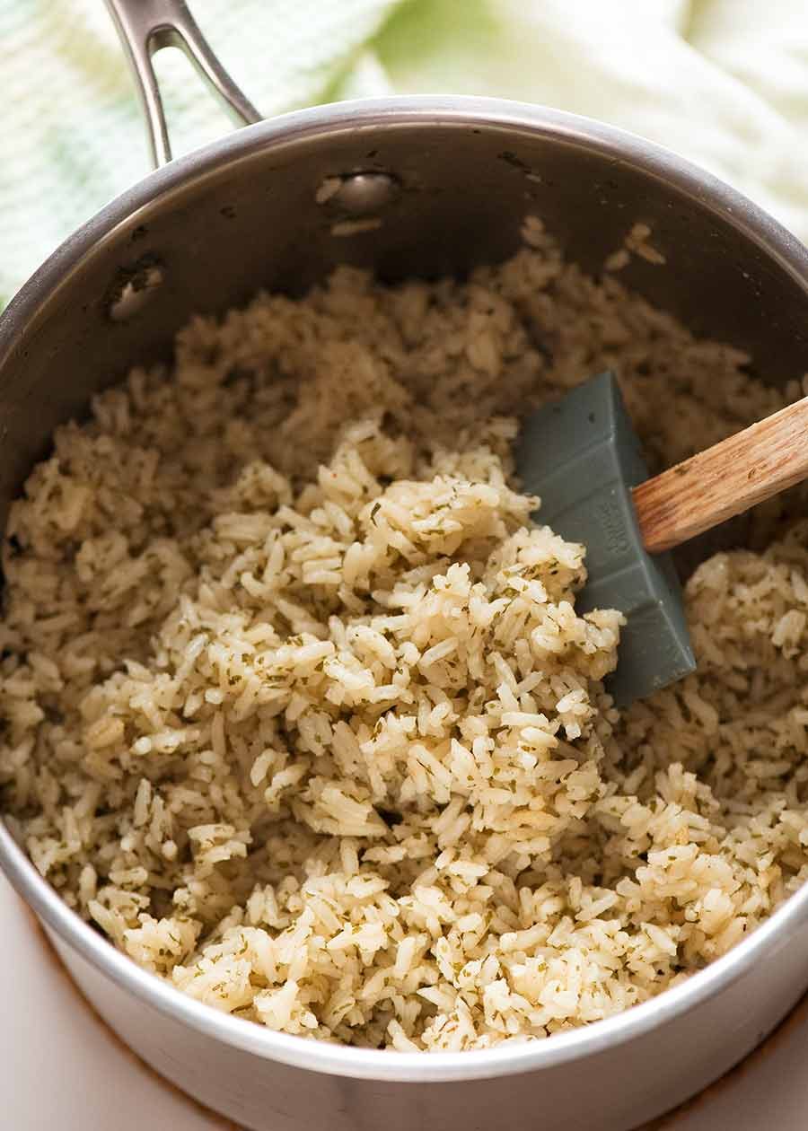 Seasoned rice in a saucepan, ready to be served