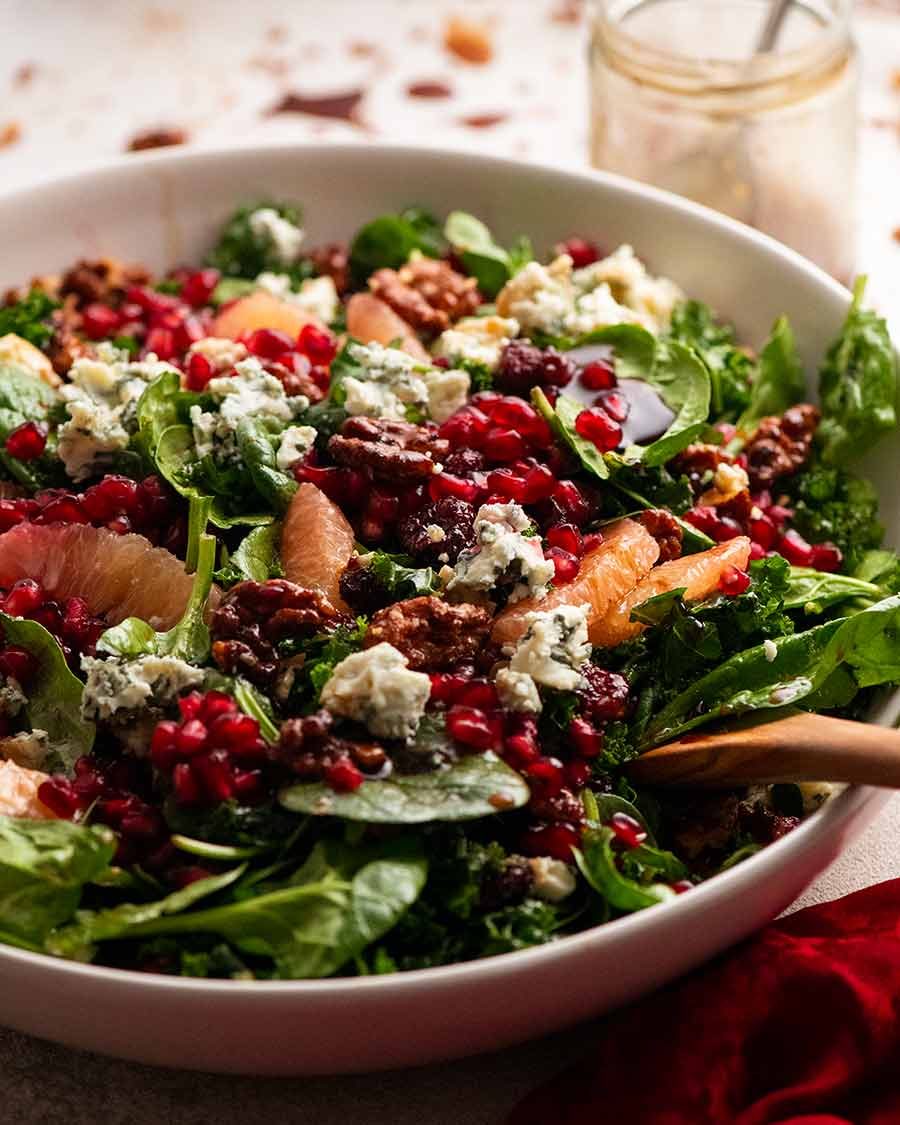 Close up side photo of Pomegranate Salad in a bowl, ready to be served