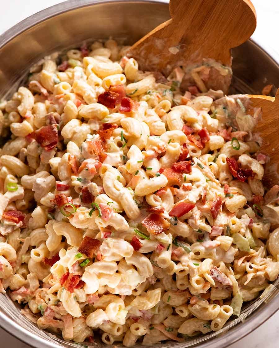 Big bowl of Chicken Pasta Salad with Creamy Dressing