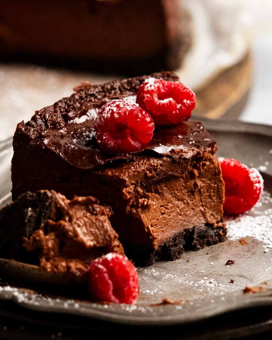 Creamy inside of a slice of Chocolate custard cake