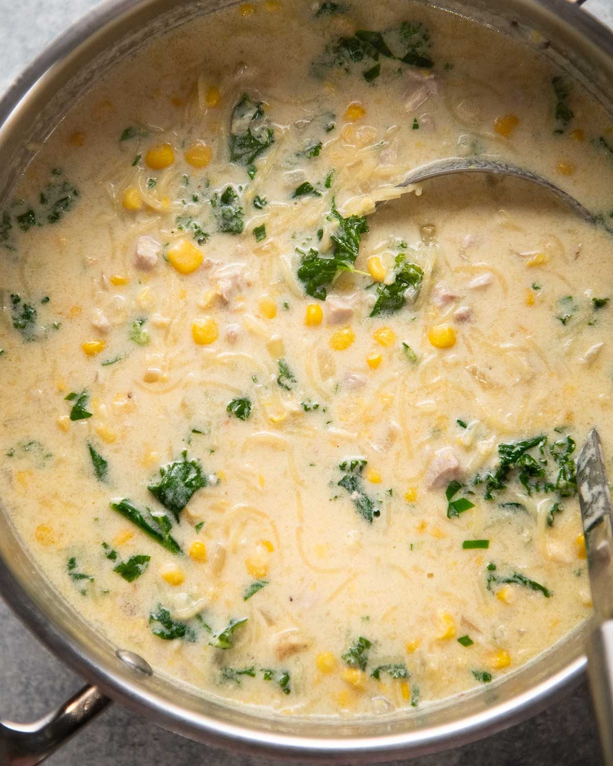 Chicken and sweet corn soup with noodles